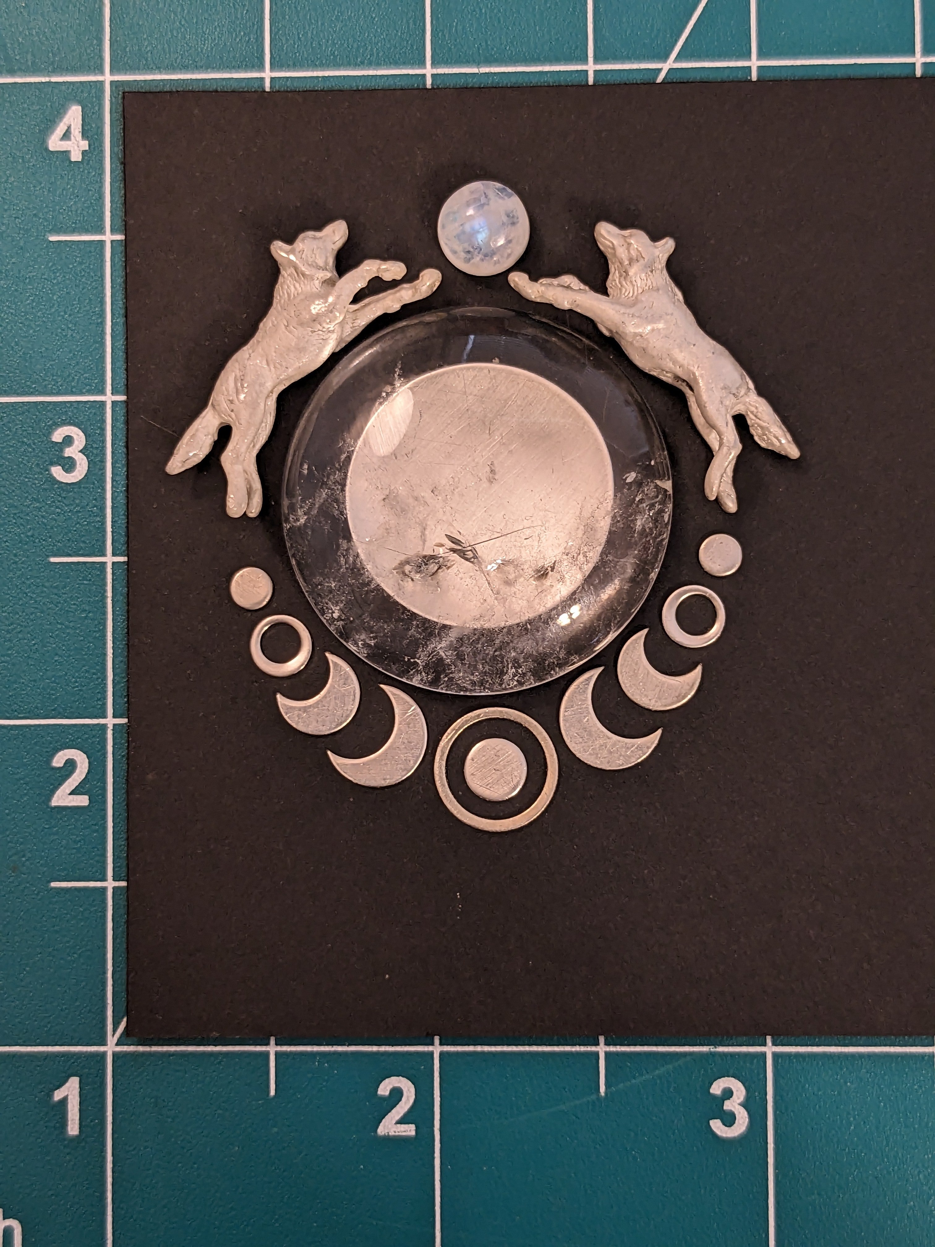 FIRST PAYMENT for Made To Order Clear Quartz Full Moon Shadow Box And Blue Moonstone Double Running Wolf Crescent Moon Phase Border Necklace +1 ( 18INCH ) Sterling Silver Chain (Copy)