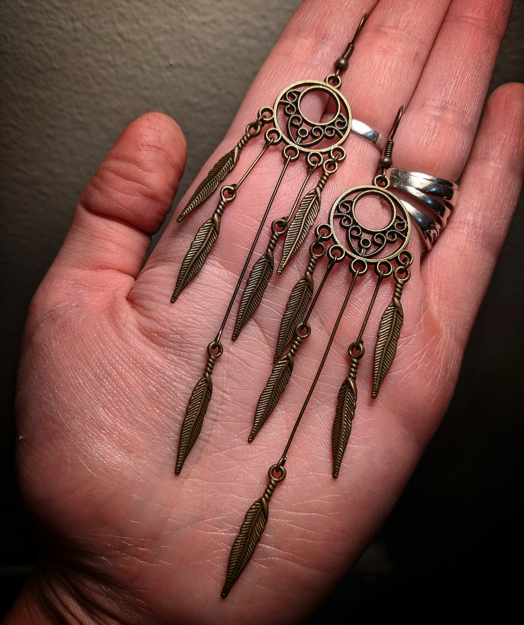 Super Long Dramatic Bronze Brass Colored Dreamcatcher Feather Earrings With Surgical Stainless Steel Ear Hooks