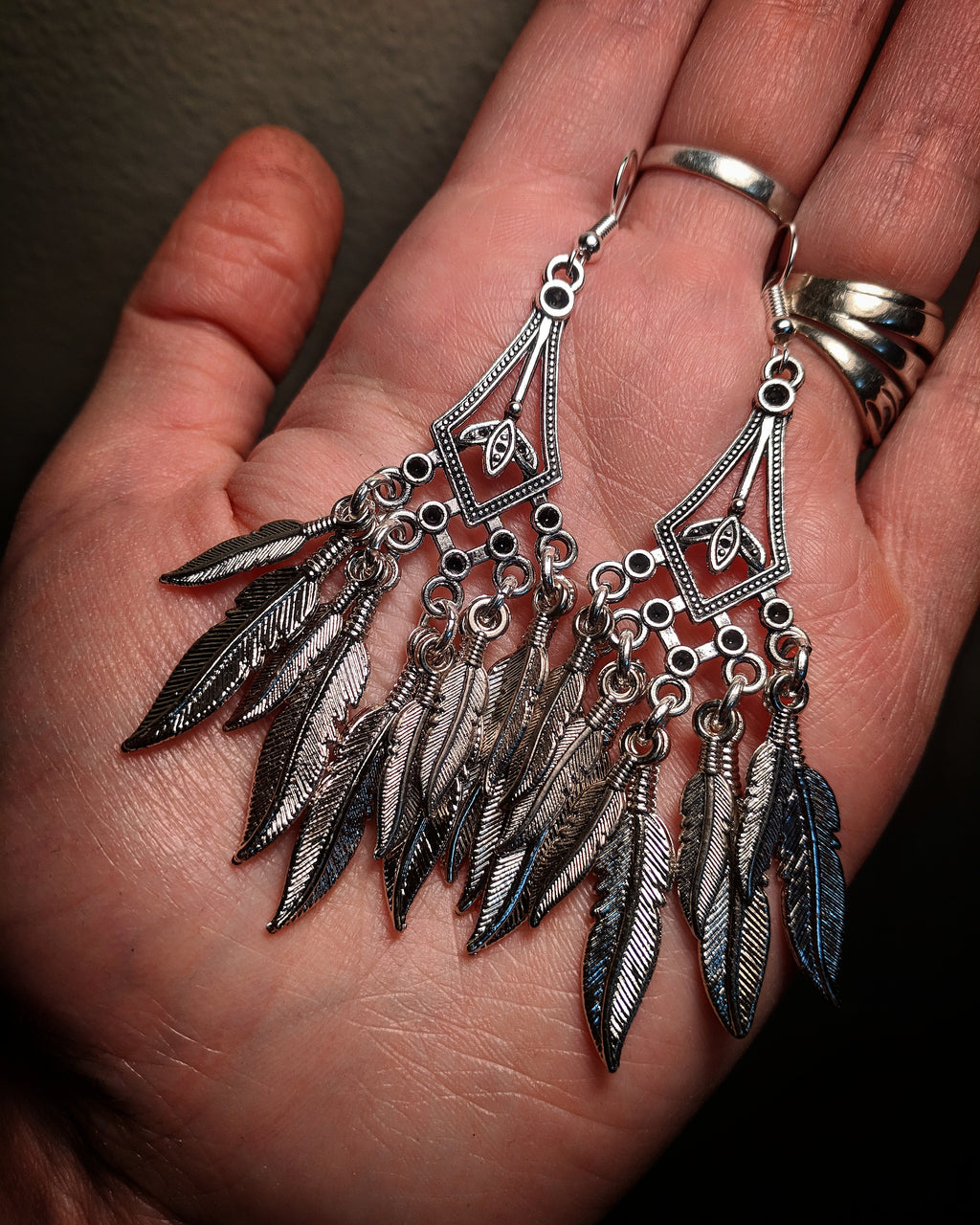 Decorative Cathedral Triangle Metal Chandelier Dreamcatcher Feather Silver Colored Earrings With Surgical Stainless Steel Ear Hooks