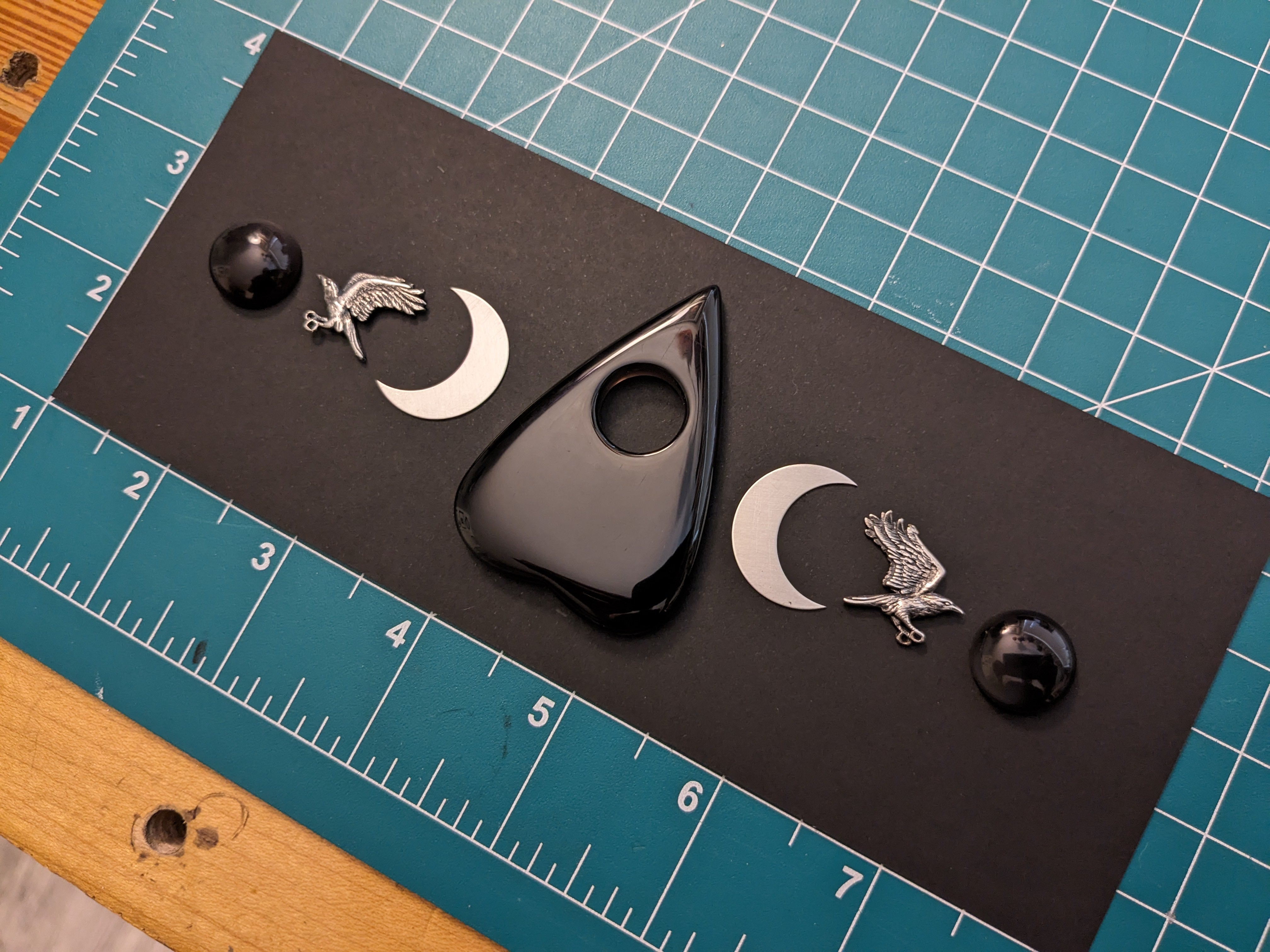 FIRST PAYMENT For Made To Order Obsidian Planchette With Flying Crows Crescent Moon Human Casted Skull Cuff ( YOU CHOOSE THE SIZE )