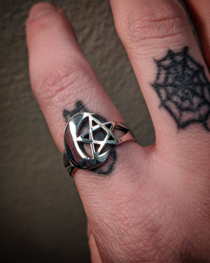Crescent Moon and Star Pentagram Wrapping Sterling Silver Ring