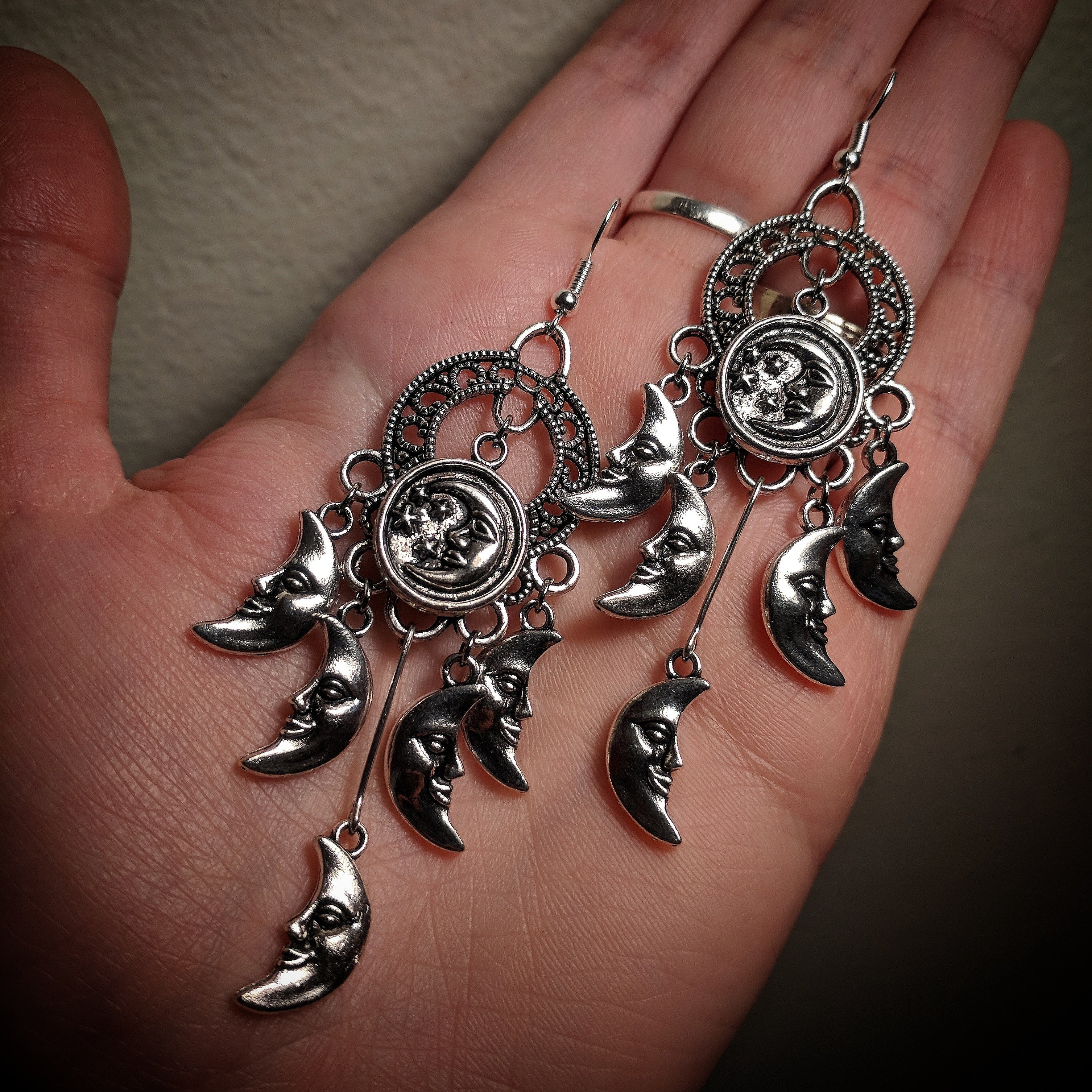 Abstract Chandelier Dangle Mixed Metal Dreamcatcher Crescent Star Moon Earrings With Surgical Stainless Steel Ear Hooks