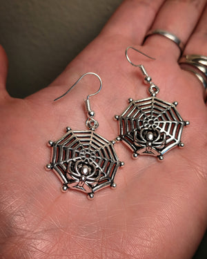Spider On Web Dramatic Mixed Metal Earrings With Surgical Stainless Steel Ear Hooks