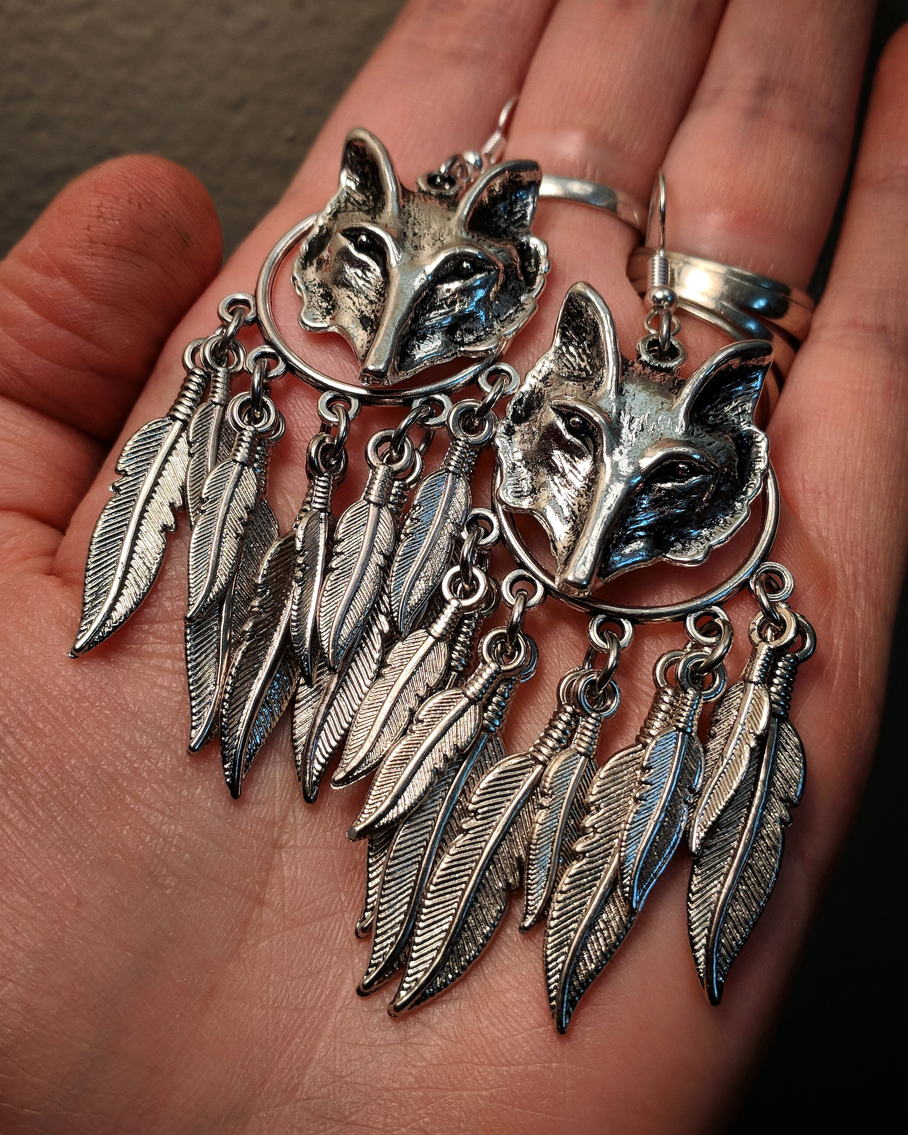 Wolf Fox Dreamcatcher Feather Mixed Metal With Stainless Steel Ear Hooks Statement Earrings