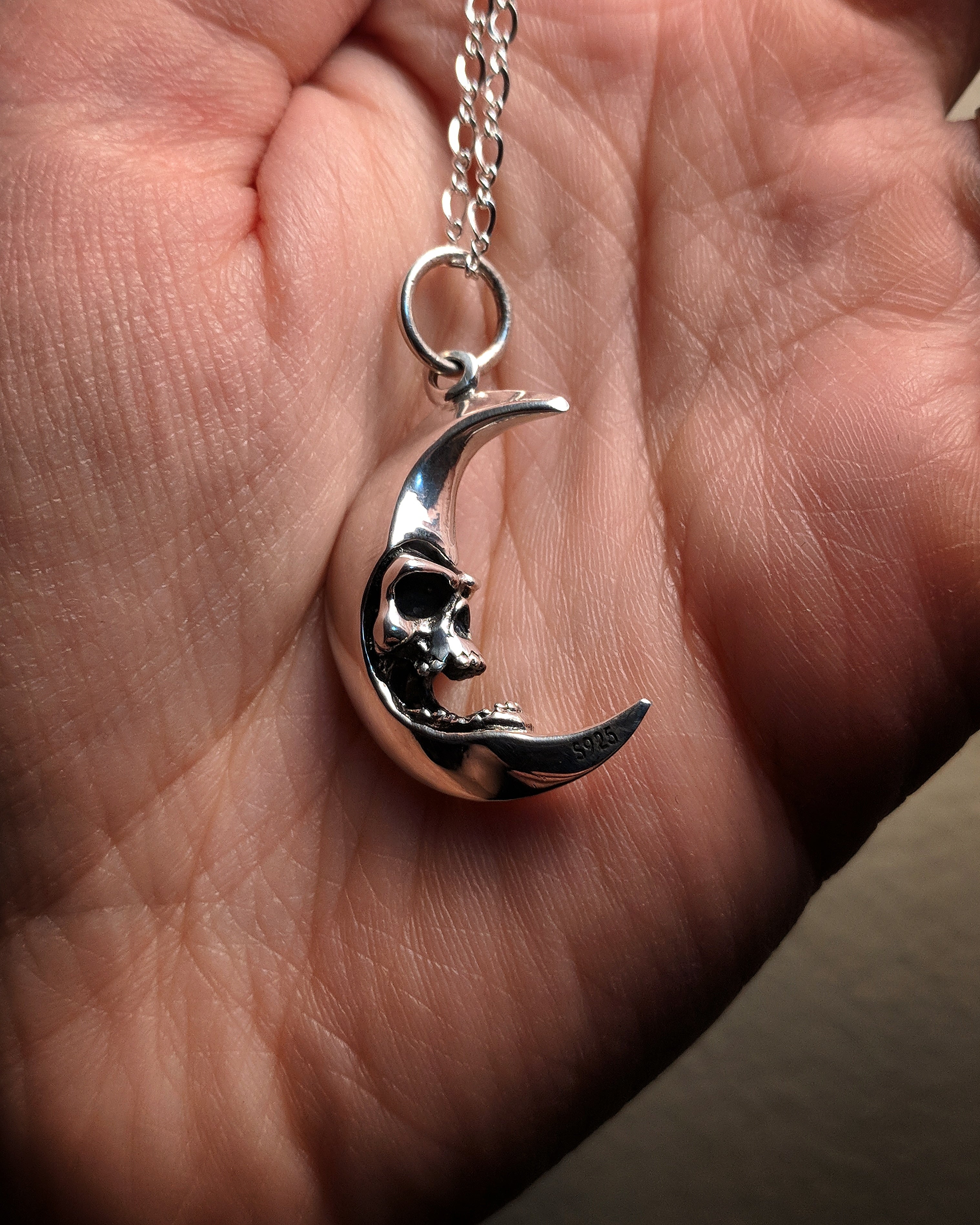 Sterling Silver Huge Solid Crescent Skull On The Moon Necklace With (1) 16 INCH Sterling Silver Chain