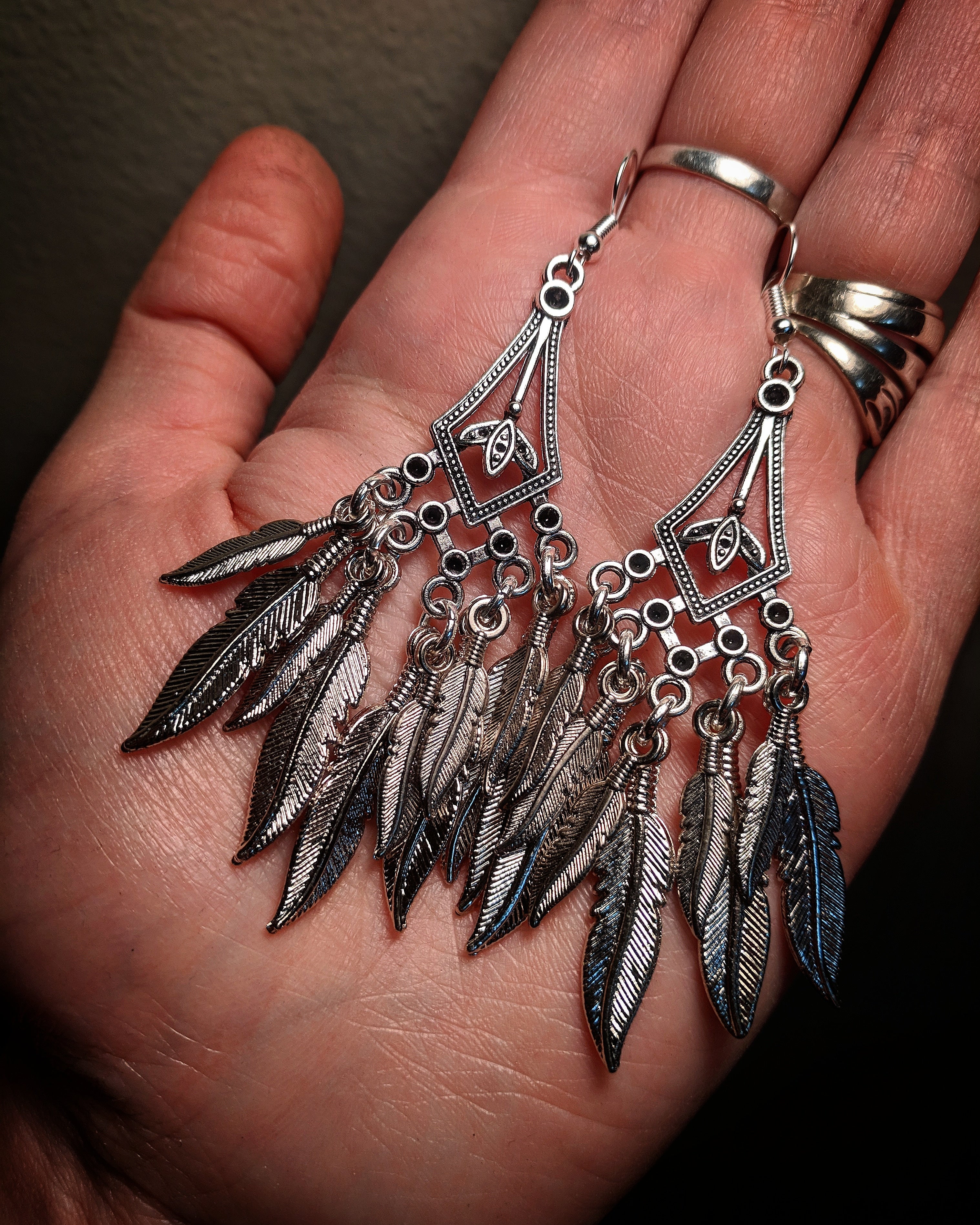 Decorative Cathedral Triangle Metal Chandelier Dreamcatcher Feather Silver Colored Earrings With Surgical Stainless Steel Ear Hooks