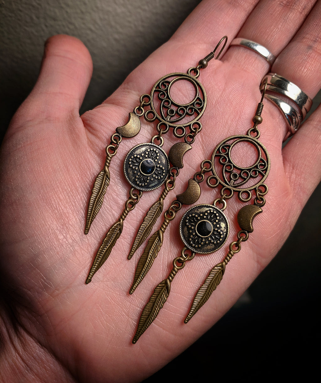 Dramatic Bronze Brass Colored Dreamcatcher Feather Crescent Moon Cathedral Earrings With Surgical Stainless Steel Ear Hooks