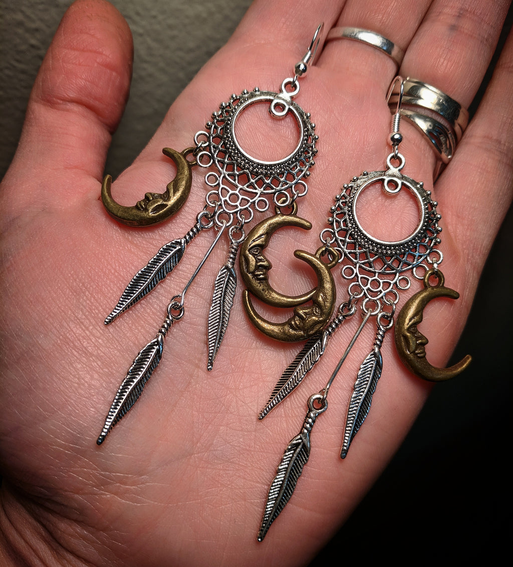 Silver Colored Metal Dreamcatcher Bronze Crescent Moon Feather Dangle Earrings With Surgical Stainless Steel Ear Hooks
