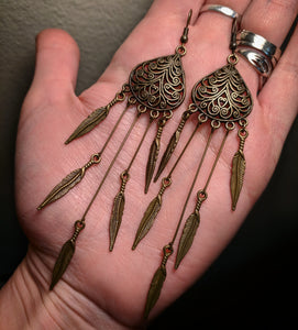 Super Long Dramatic Bronze Brass Colored Dreamcatcher Feather Earrings Version 2 With Surgical Stainless Steel Ear Hooks
