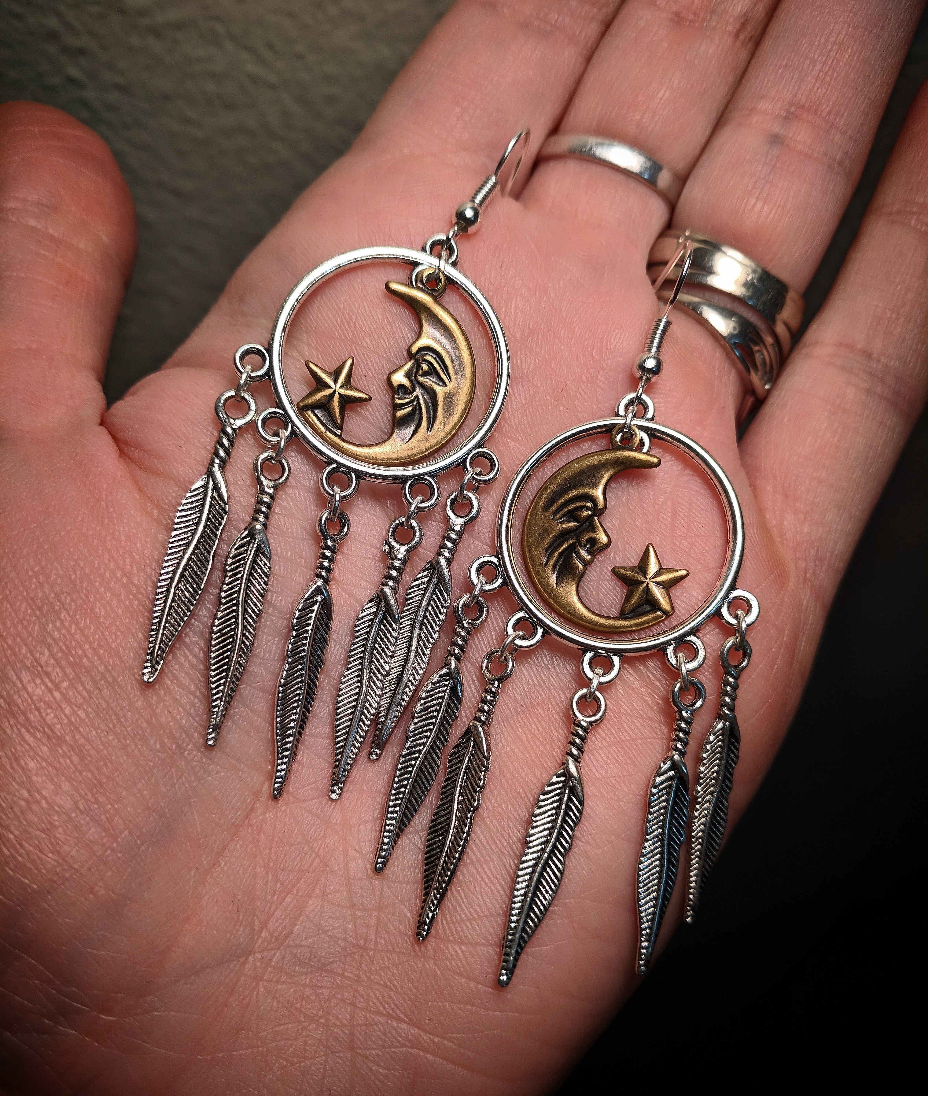Bronze Man On The Moon Crecent Dreamcatcher Feather Earrings With Surgical Stainless Steel Ear Hooks