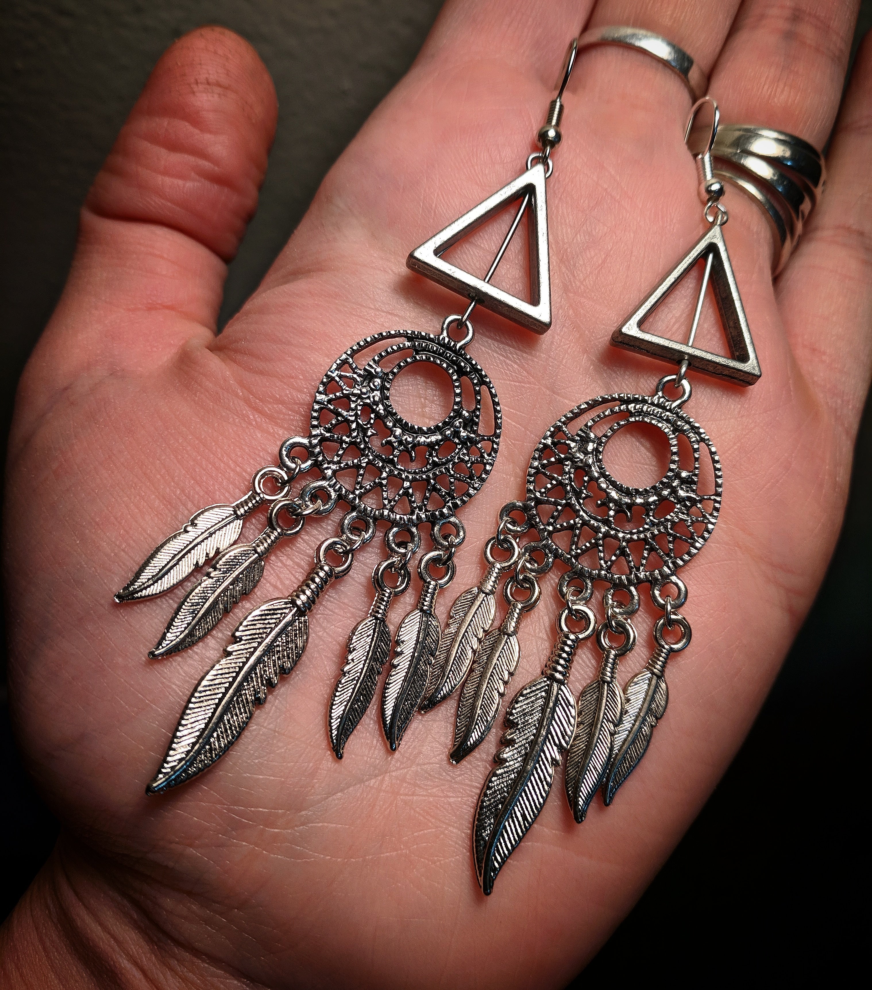 Triangle Dreamcatcher Feather Dangle Metal Earrings With Surgical Stainless Steel Ear Hooks