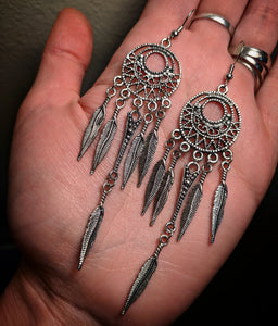 Long Metal Dreamcatcher Feather Dangle Earrings With Surgical Stainless Steel Ear Hooks