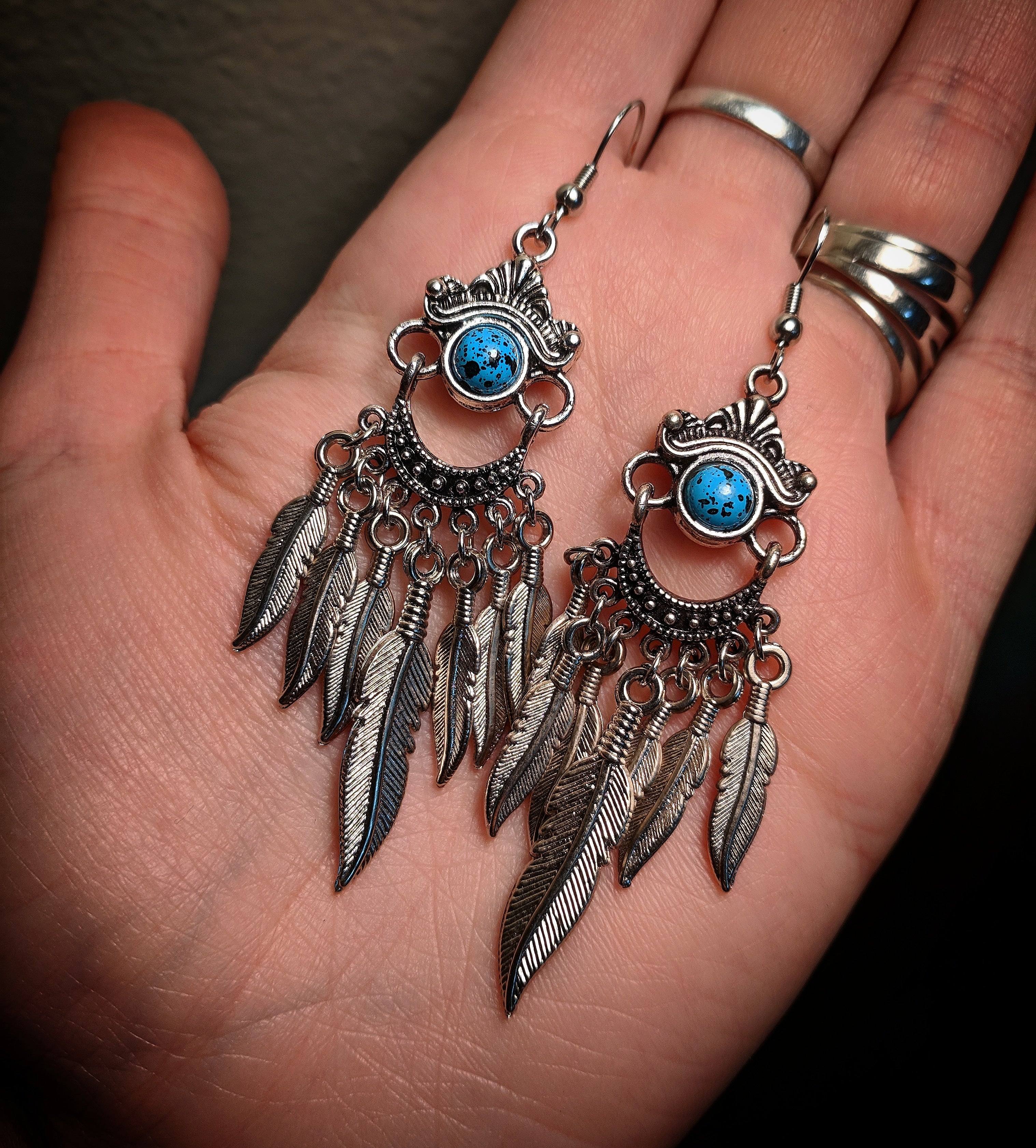 Faux Blue Turquoise Dreamcatcher Dangle Chandelier Earrings With Surgical Stainless Steel Ear Hooks