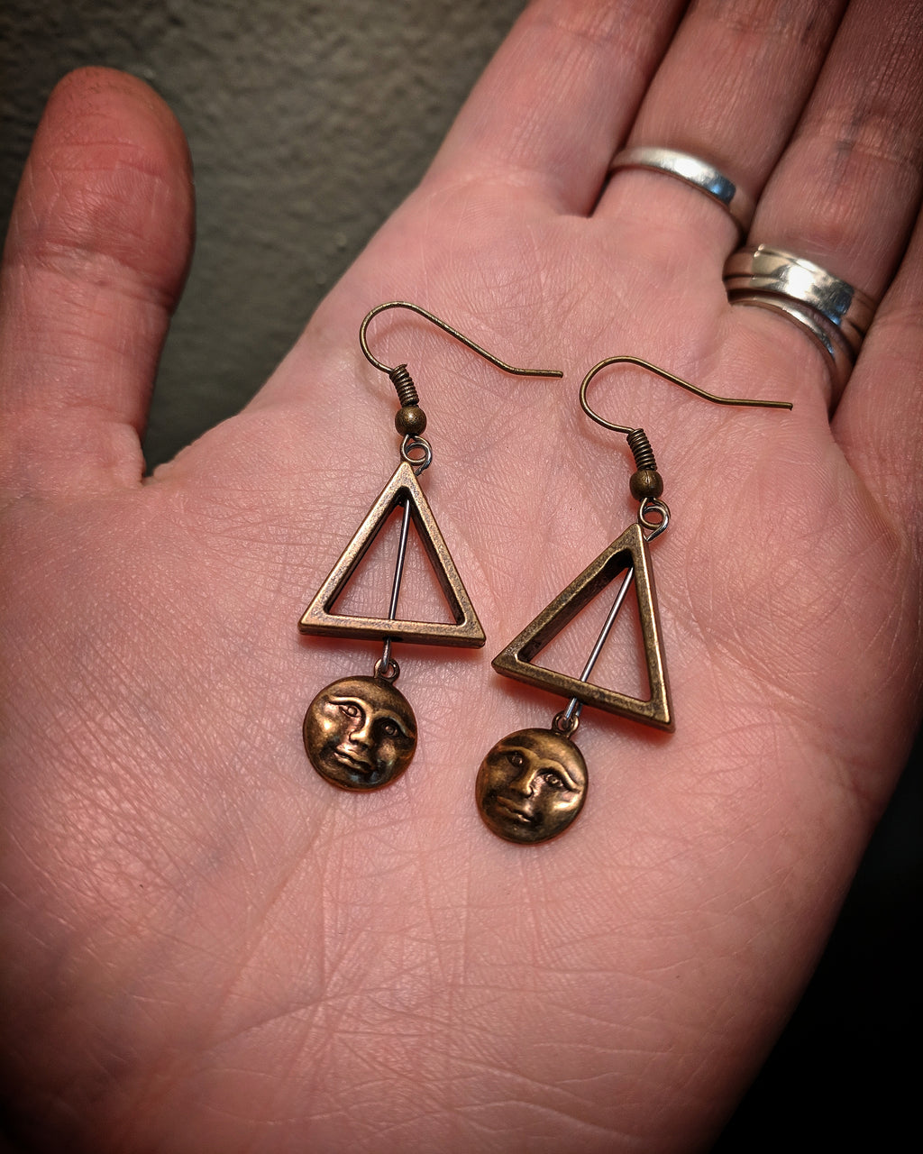 Bronze Man On The Moon Triangle Earrings With Surgical Stainless Steel Ear Hooks