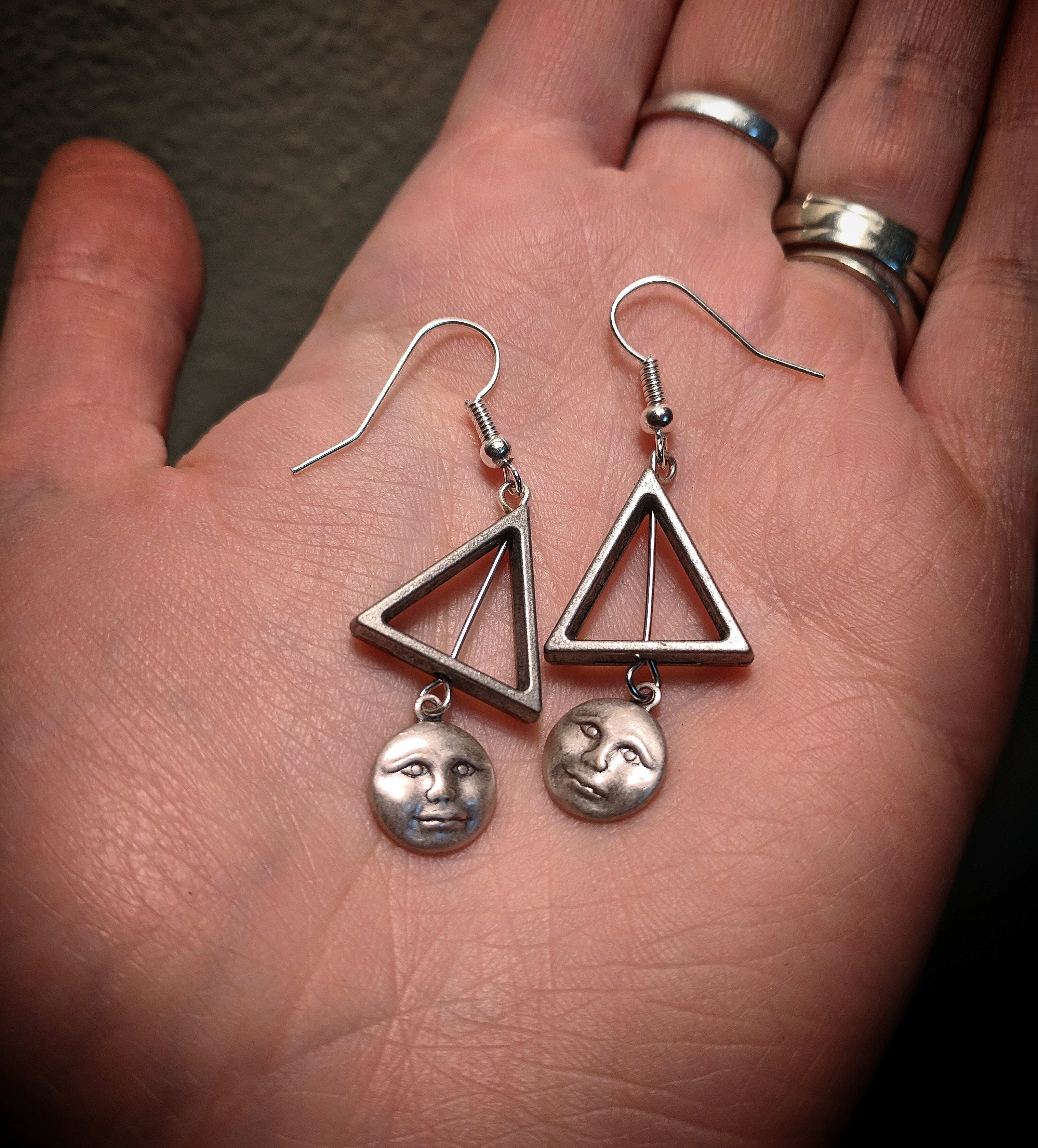 Silver Colored Man On The Moon Triangle Earrings With Surgical Stainless Steel Ear Hooks
