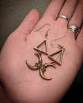 Bronze Crescent Man On The Moon Triangle Earrings With Surgical Stainless Steel Ear Hooks