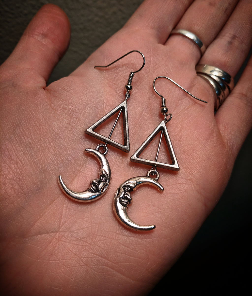 Silver Colored Crescent Man On The Moon Triangle Earrings With Surgical Stainless Steel Ear Hooks