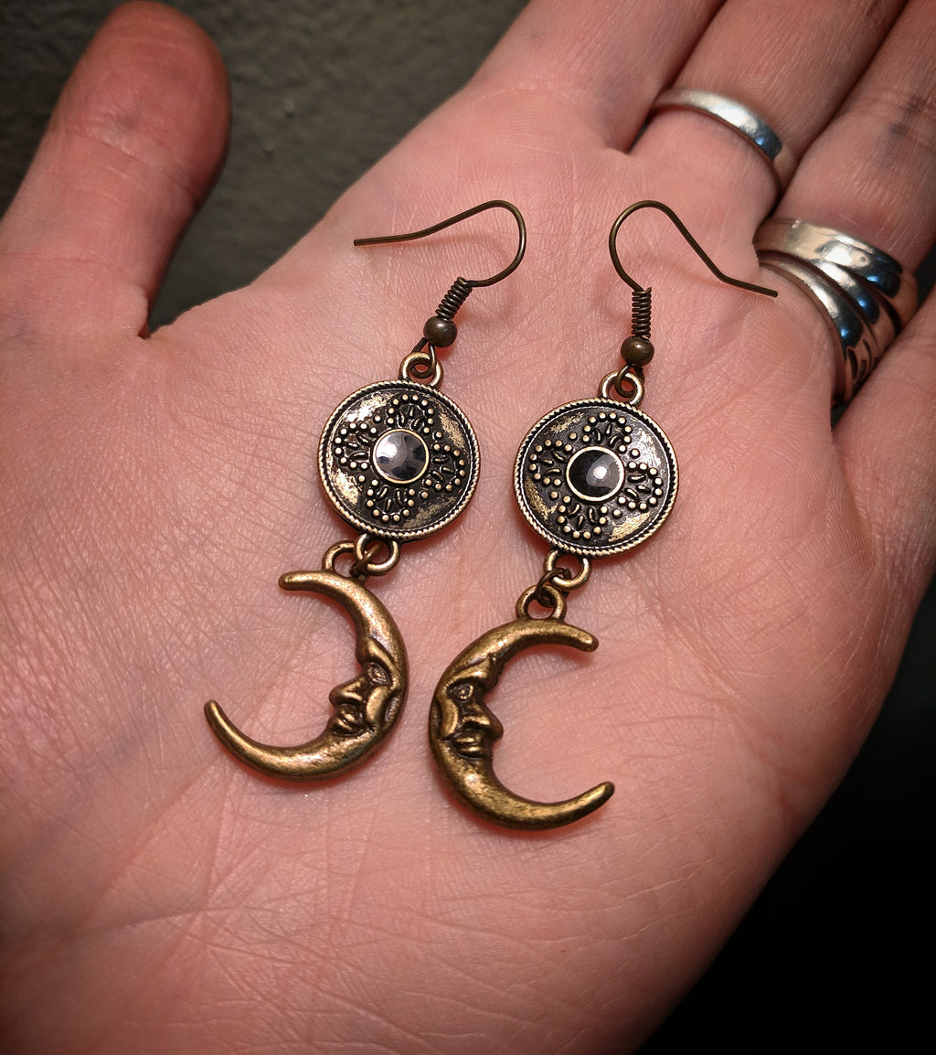 Decorative Medallion Statement Bronze Crescent Moon Earrings With Surgical Stainless Steel Ear Hooks