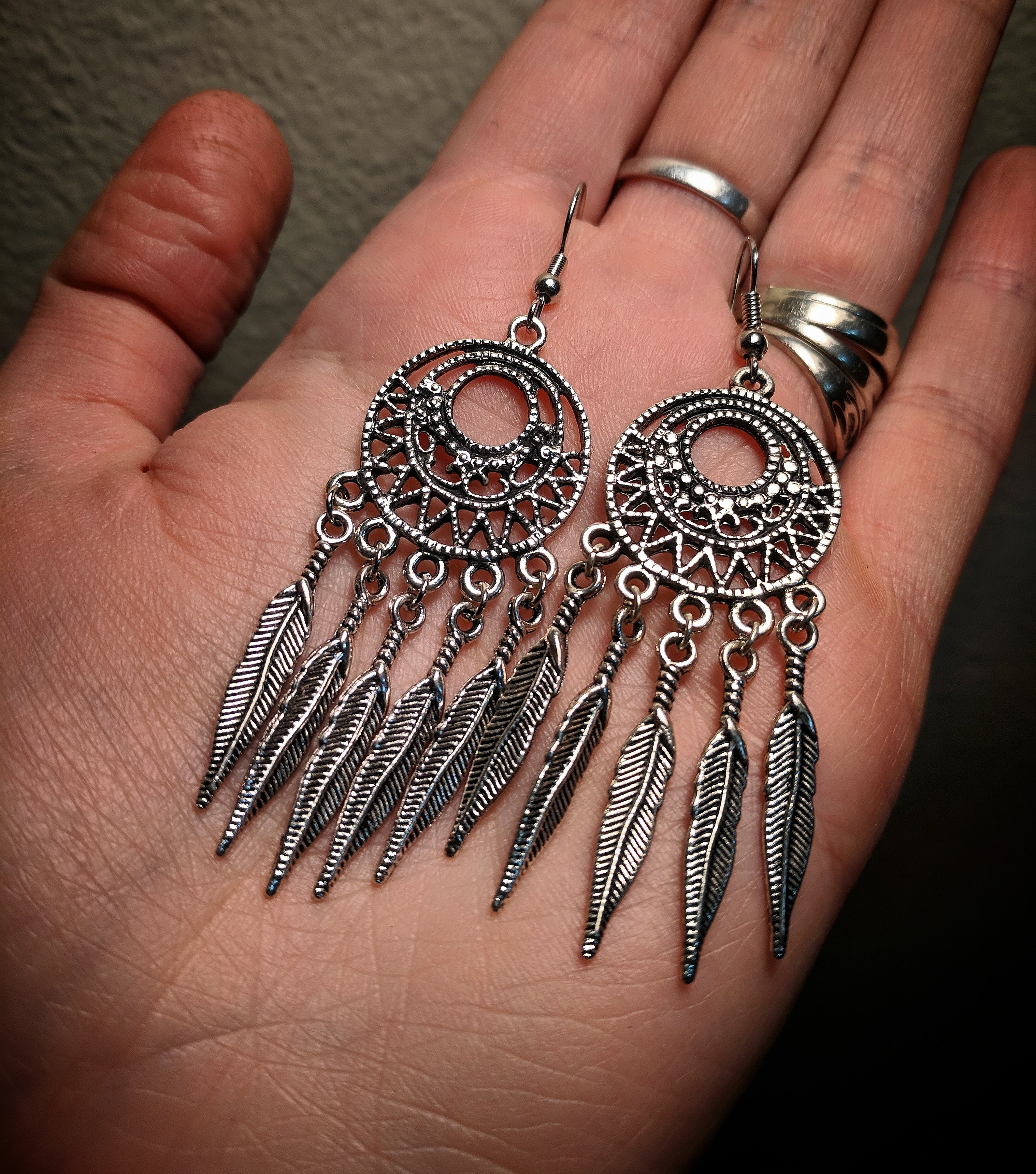 Slim Feather Statement Dreamcatcher Earrings With Surgical Stainless Steel Ear Hooks