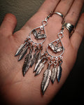 Chandelier Dangle Mixed Metal Dreamcatcher Feather Silver Colored Bat Earrings With Surgical Stainless Steel Ear Hooks