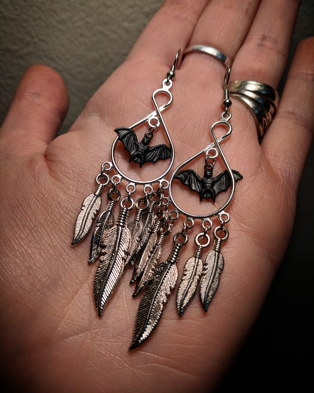Chandelier Dangle Mixed Metal Dreamcatcher Feather Black Bat Earrings With Surgical Stainless Steel Ear Hooks