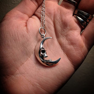 Sterling Silver Huge Solid Crescent Skull On The Moon Necklace With (1) 16 INCH Sterling Silver Chain