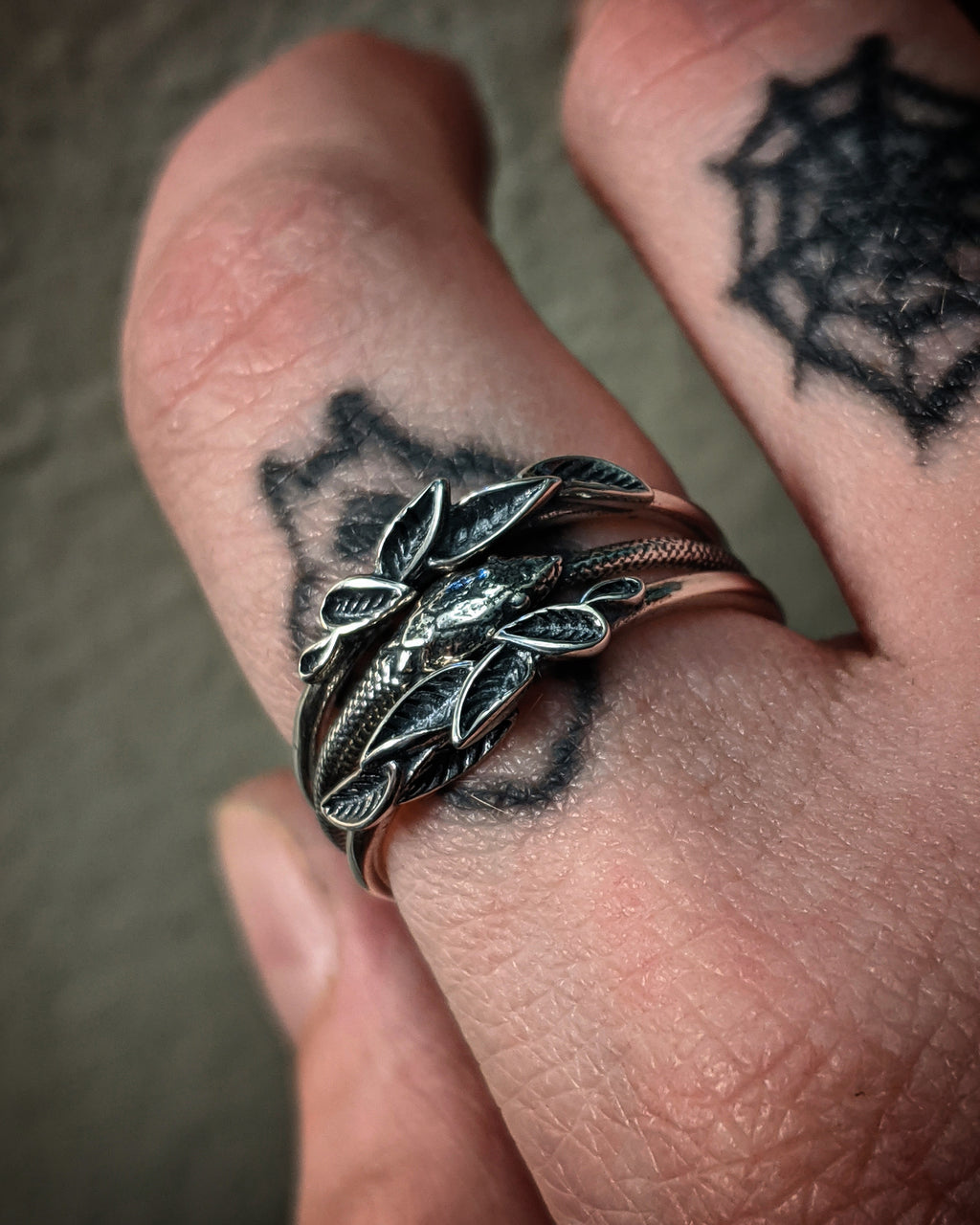 Detailed Ouroborus Snake And Leafs Sterling Silver Stacking Rings
