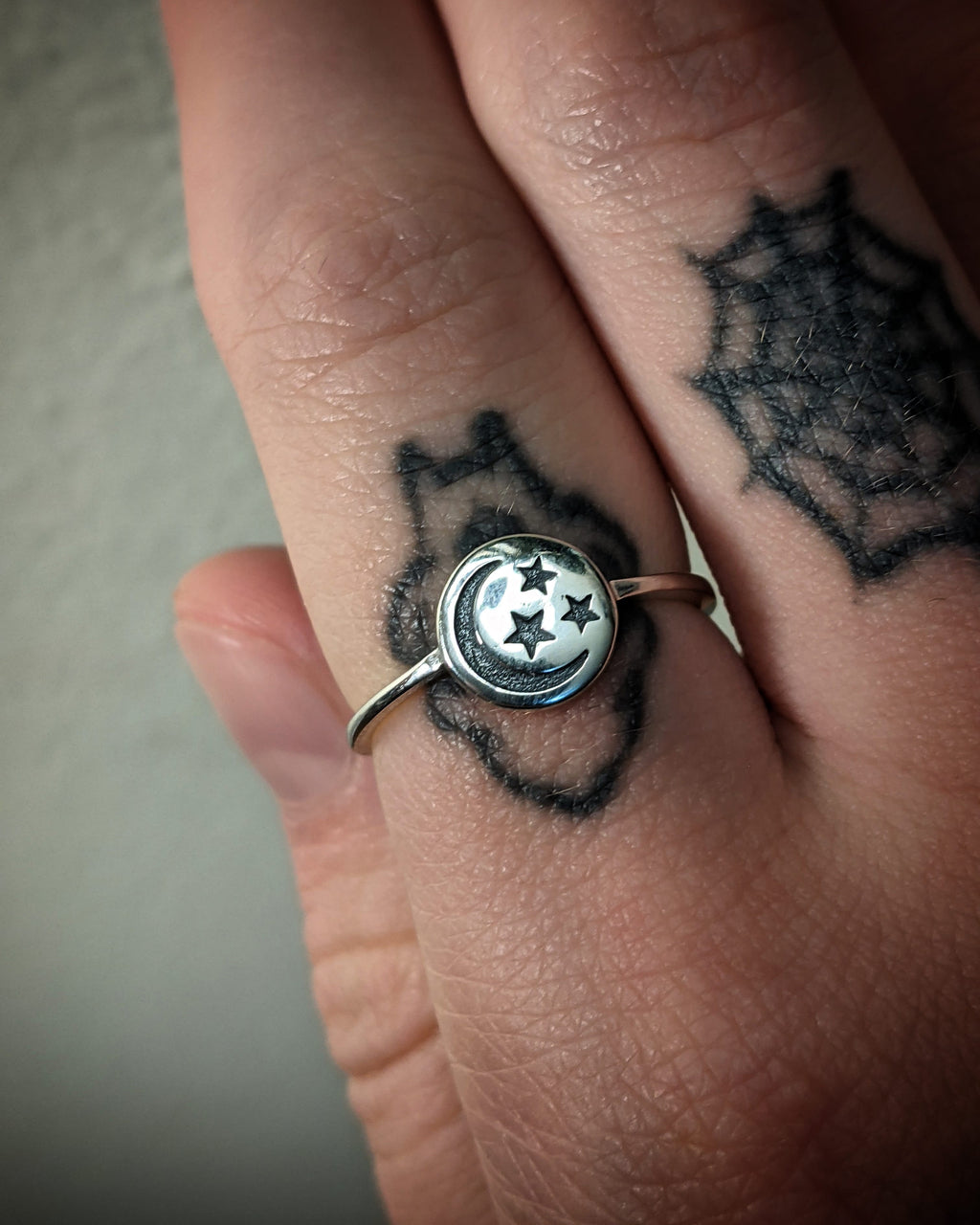 Crescent With Three Stars Sterling Silver Ring