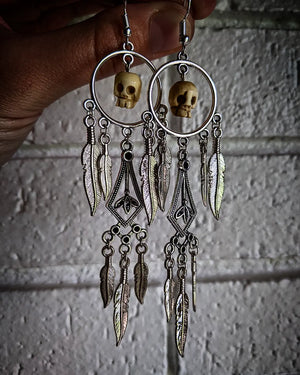 Real Buffalo Bone Carved Skull Extra Long Feather Dangle Chandelier Earrings With Surgical Stainless Steel Ear Hooks