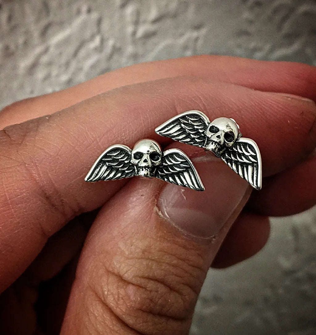 Solid Sterling Silver Skull With Wings Post Earrings