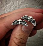 Solid Sterling Silver Skull With Wings Post Earrings